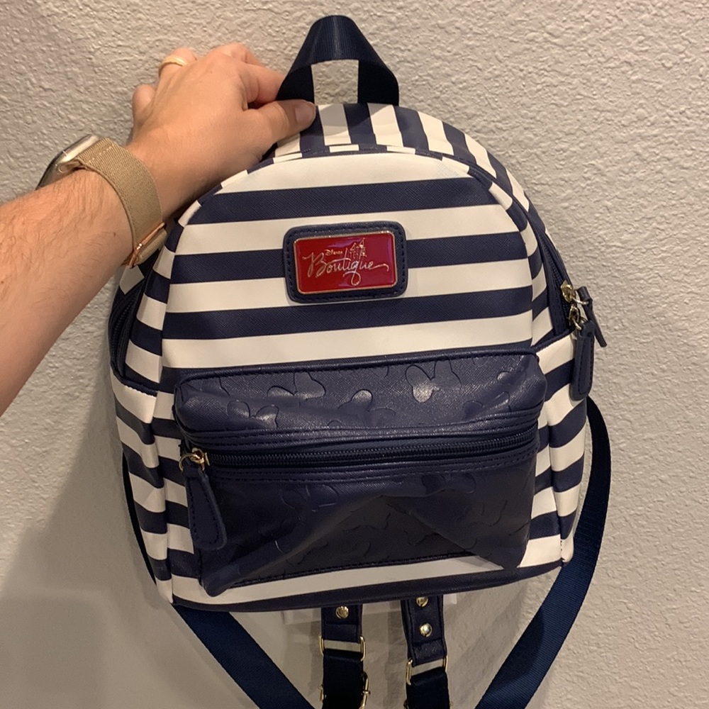 Disney Boutique Minnie Mouse Bows Navy and White Striped mini backpack - used